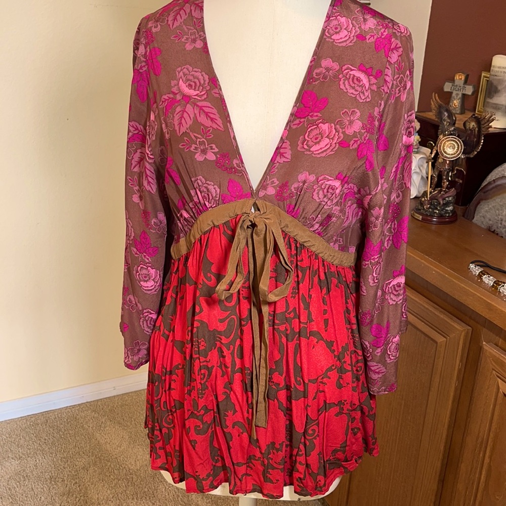 Hanna G. 100% silk blouse large-pinks reds browns